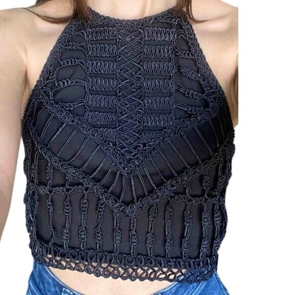 H&M Ribbon Embroidered Black Crochet Halter Woven Cropped Top Women's Medium - Picture 1 of 8